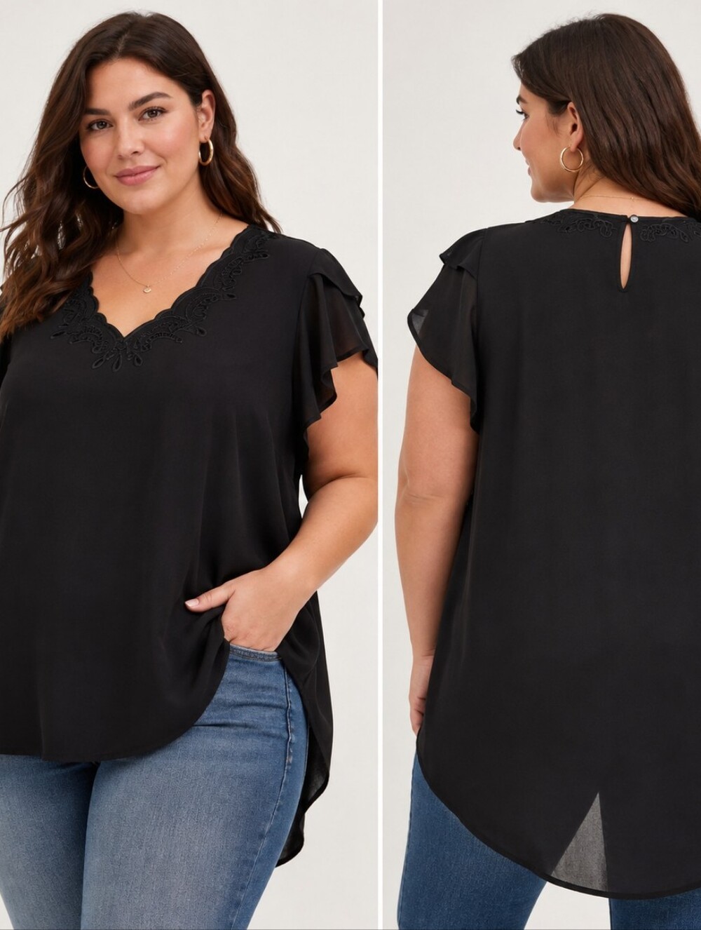 Torrid Size 3 Black Embroidered V-Neck High Low Flutter Sleeve Blouse